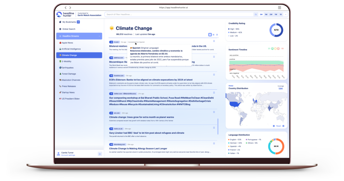 HeadlineHunter Dashboard on laptop screen optimized for monitoring environmental topics.