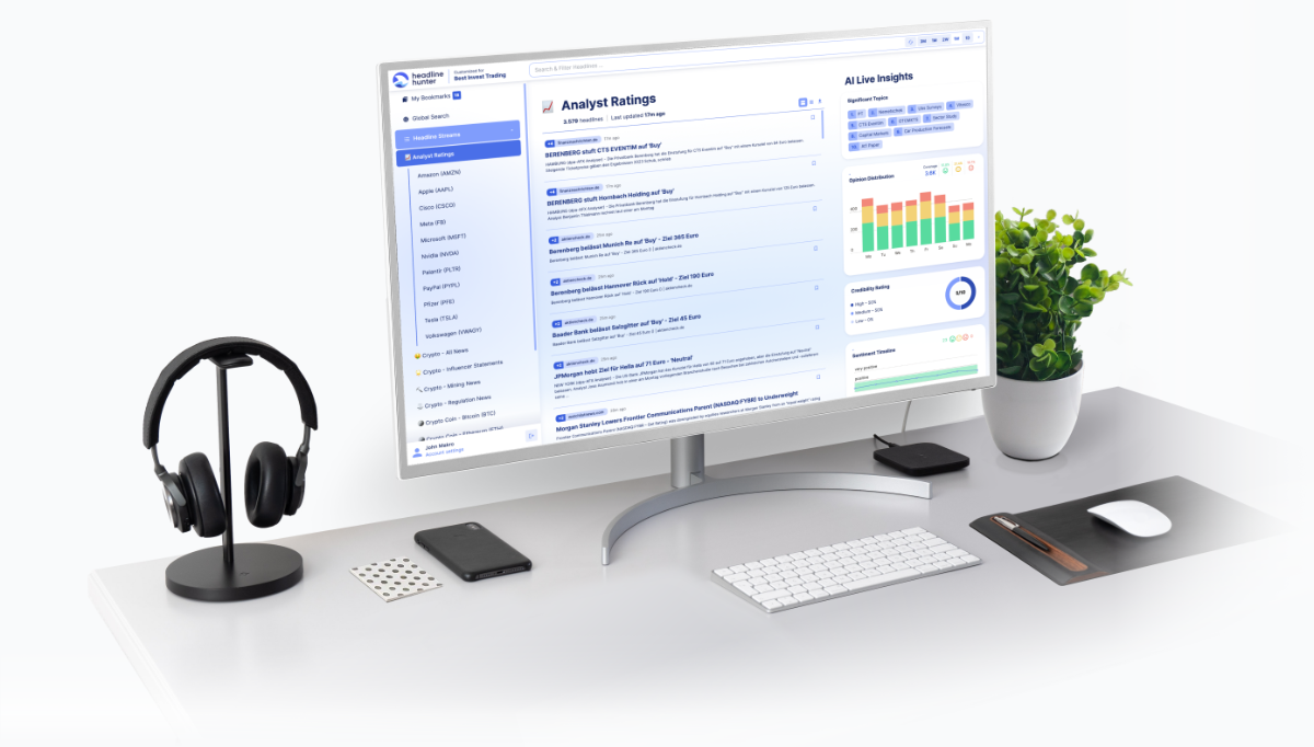 Desktop computer with HeadlineHunter Dashboard customized for financial news like Analyst Ratings, Crypto News, Mergers & Acquisitions